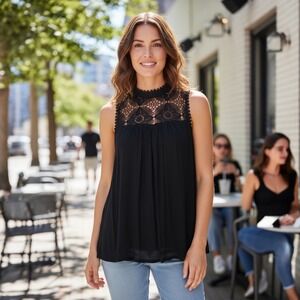 Taylor & Sage Sleeveless‎ Black Lace Mock Neck Tank Top Blouse Elegant Casual